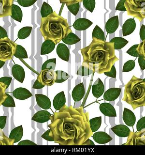 Nahtlose Muster mit gelben Rosen. Wunderschöne realistische Blumen mit Blättern und verzerrten Streifen. Photorealixtic rose bud, sauber vector High Ausführliche Stock Vektor