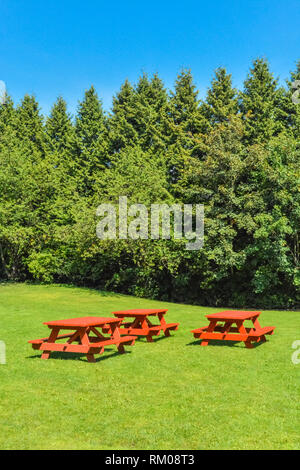 Bereich Rest mit roten Picknicktische auf grünen Rasen in einem Park Stockfoto