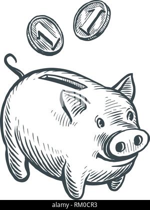 Sparschwein und Münzen, Skizze. Geschäfts-, Banken- Konzept. Hand Vector Illustration gezeichnet Stock Vektor