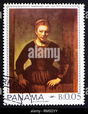 PANAMA - ca. 1967: einen Stempel in der Panama gedruckt zeigt Maiden in der Tür, Gemälde von Rembrandt, ca. 1967 Stockfoto