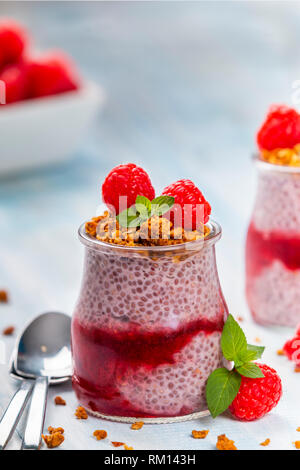 Serviert Glas Gläser mit köstlichen Chia Pudding mit Himbeeren und crunchy Granola oben gefüllt Stockfoto