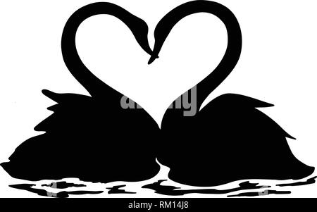 Ein paar Schwäne zusammen Schwimmen in einem See, schwarz-weiße Abbildung, Valentinstag, 14. Februar Stock Vektor