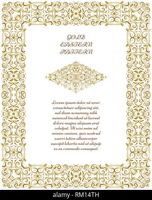 Gold rechteckigen Rahmen. Reich verzierte Vignette für Ihr Design Karten, Einladungen. Element im arabischen Stil. Vector Illustration. Stock Vektor