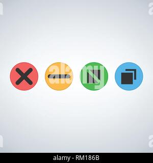 OS oder Web mehrfarbige Tasten. Zoom Vollbild schließen minimieren und die Schaltfläche zum Erweitern klicken. Flache Vector Illustration auf modernen Hintergrund isoliert Stock Vektor