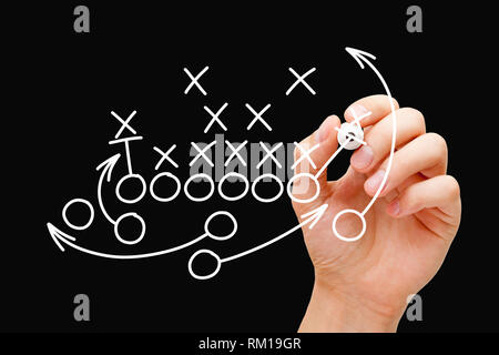 Trainer Zeichnung American Football oder Rugby Spiel Plan, Strategie und Taktik mit weißen Marker auf transparenten Board abwischen. Stockfoto