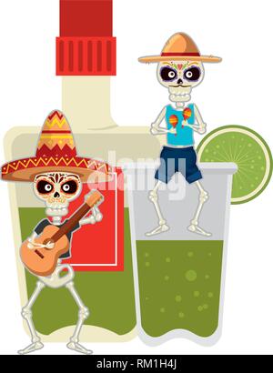 Skelette Mexikaner orchesta musikalische und Tequila trinken Vector Illustration Stock Vektor