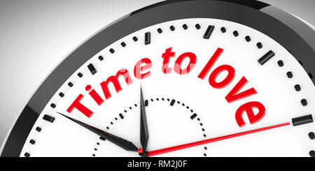 Schwarze Uhr mit Zeit zu lieben steht für Liebe und Happy Valentine's Day, dreidimensionale Rendering, 3D-Darstellung Stockfoto