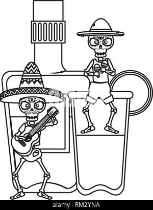 Skelette Mexikaner orchesta musikalische und Tequila trinken Vector Illustration Stock Vektor