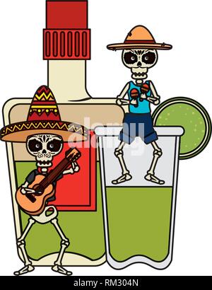 Skelette Mexikaner orchesta musikalische und Tequila trinken Vector Illustration Stock Vektor