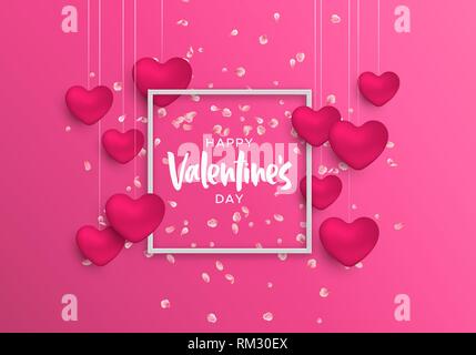 Happy Valentines Day card Abbildung. Realistische 3D-Herz Deko in rosa Farben mit Rahmen und Urlaub Typografie Zitat. Stock Vektor