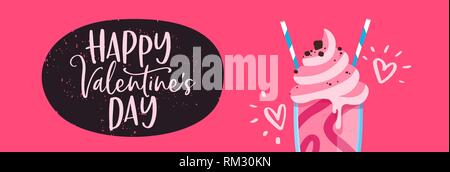 Valentines Tag Web Banner Abbildung: rosa Erdbeereis Milchshake mit zwei strohhalme Für romantische Datum Konzept. Stock Vektor