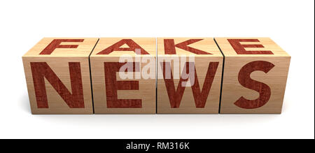 Holzwürfel Block auf weißem Hintergrund mit Word gefälschte Nachrichten. Konzept. Unerwünschte Nachrichten gezielte Desinformation oder hoaxes Stockfoto
