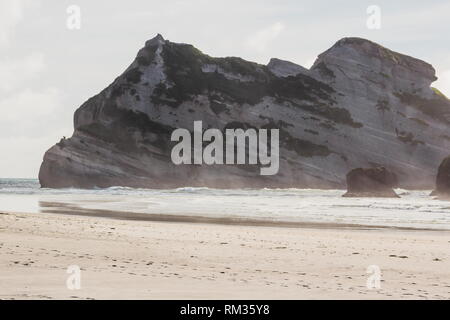 Erodierten Felsformationen im Meer. Wharariki Beach liegt westlich von Cape Farewell, den nördlichsten Punkt der Südinsel von Neuseeland. Stockfoto