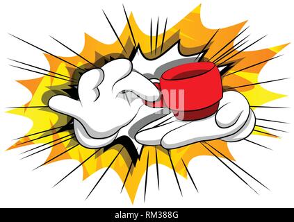 Vektor cartoon Hände halten eine Tasse Kaffee. Illustrierte Zeichen auf Comic Hintergrund. Stock Vektor