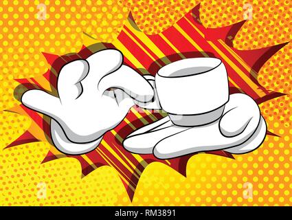 Vektor cartoon Hände halten eine Tasse Kaffee. Illustrierte Zeichen auf Comic Hintergrund. Stock Vektor