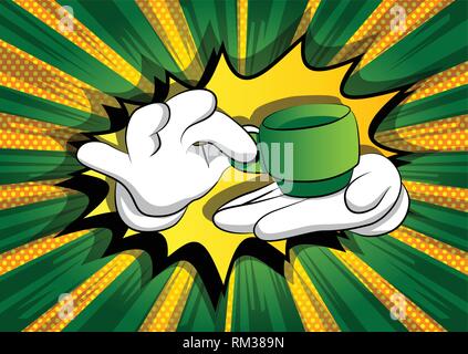 Vektor cartoon Hände halten eine Tasse Kaffee. Illustrierte Zeichen auf Comic Hintergrund. Stock Vektor