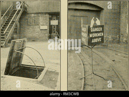 . Jahresbericht des Verwaltungsrats der Smithsonian Institution. Smithsonian Institution; Smithsonian Institution. Archive; Entdeckungen in der Wissenschaft. 1. Mühle Switch Board, die Art der Kennzeichnung von elektrischen Anlagen. Das kleine Schild an tlie oben auf dem Bild zu lesen "Gefahr. Fernhalten" ist aus Nicht-eondueting Faser und wird über einen Schalter Wenn jemand arbeitet an die Maschinen, die er steuert. gehangen. 2. Schutzeinrichtung für Falltüren. Die schutzvorrichtung Stangen re.st auf Vorsprung der Türrahmen, wenn die Abdeckung angehoben wird, und aus der Art und Weise, wenn er geschlossen ist. 3. Warnhinweis zu gewinnen Stockfoto