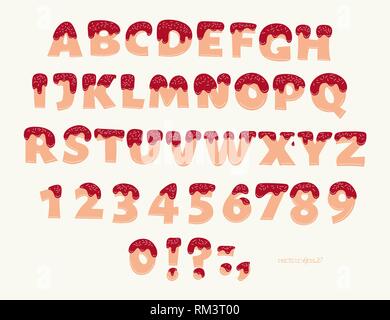 Cookie mit Creme Hand gezeichnet dekorative Schriftart. Niedlich süß ABC Buchstaben und Zahlen. Kann ba für Geburtstag oder Valentinstag Karten verwenden. Cartoon Alphabet. Stock Vektor