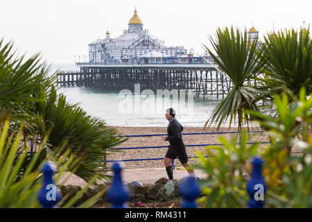 Eastbourne, East Sussex, UK. 13 Feb, 2019. UK Wetter: sonnig Wetter in Eastbourne heute mit Höhen von 10°C. Ein Jogger läuft vorbei an der Eastbourne Pier an einem hellen und sonnigen Wintertag. © Paul Lawrenson 2019, Foto: Paul Lawrenson/Alamy leben Nachrichten Stockfoto