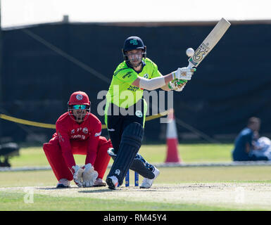 Muscat, Oman. 13 Feb, 2019. Bild zeigt: Irlands Andrew Balbirnie auf seinem Weg zu einer feinen 34 als Irland, Oman, am ersten Tag des Oman viereckigen Serie. Credit: Ian Jacobs/Alamy leben Nachrichten Stockfoto