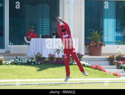 Muscat, Oman. 13 Feb, 2019. Bild zeigt: Große Verriegelung an der Grenze von der Oman Jatinder Singh, Irlands Andrew Balbirnie für 34 als Irland schließen Nehmen auf Oman am ersten Tag des Oman viereckigen Serie. Credit: Ian Jacobs/Alamy leben Nachrichten Stockfoto