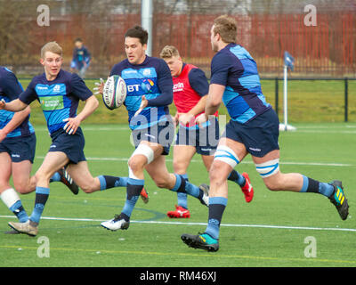 Clydebank, Schottland, Großbritannien. 13. Februar, 2019. Schottland und Schottland U20 während der offenen Training in Clydebank Gemeinschaft Sport Hub, in der Nähe von Glasgow, während das Guinness sechs Nationen brache Woche. Iain McGuinness/Alamy leben Nachrichten Stockfoto