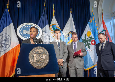 New York, USA. 13 Feb, 2019. (L - R) New York City Rat Mitglieder Adrienne Adams, Ydanis Rodriguez, Brad Lander und Lautsprecher und Handeln öffentlicher Fürsprecher Corey Johnson bei einer Pressekonferenz am Mittwoch, 13. Februar 2019 im Red Room von New York City Hall. Neben sprechen über die noch ausstehenden Rechtsvorschriften Johnson sprach über angeblich homophober Bemerkungen von Ratsmitglied Ruben Diaz Sr. und den Plan der Lautsprecher der FHV Ausschuss, dem Diaz ist der Vorsitzende aufzulösen. (© Richard B. Levine) Credit: Richard Levine/Alamy leben Nachrichten Stockfoto