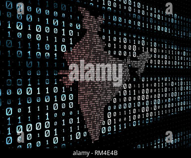 Binäre Code-Netzwerk-Matrix, Indien-Karte, Datenübertragung und Speicherung Stockfoto