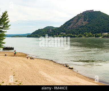 Szene der Donau bei Visegrád-Nagymaros, Ungarn mit mittelalterlichen königlichen Burg auf dem Hügel Stockfoto