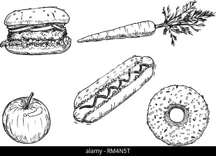 Cartoon Zeichnung der Satz von Gemüse, Obst und Desserts. Stock Vektor