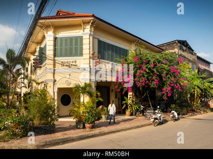 Kambodscha, Kampot Kampot Provinz, Stadt, La Java Bleue, Heritage Hotel in einem restaurierten alten französischen kolonialen Gebäude Stockfoto