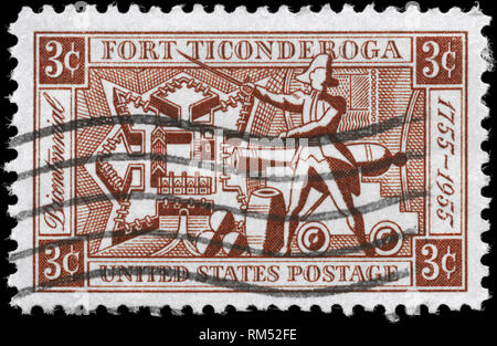 USA - ca. 1955: einen Stempel in den USA gedruckt, zeigt die Karte des Forts, Ethan Allen und Artillerie, Fort Ticonderoga Zweihundertjahrfeier, ca. 1955 Stockfoto