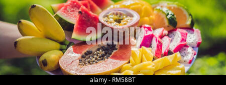 Picknick im Park auf der Wiese: eine Platte von tropischen Früchten vor dem Hintergrund der Gras BANNER, lange Format Stockfoto