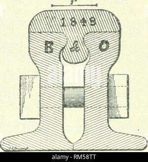 . Jahresbericht des Verwaltungsrats der Smithsonian Institution. Smithsonian Institution; Smithsonian Institution. Archive; Entdeckungen in der Wissenschaft. 678 Bericht des nationalen Museums, 1889. Eisenbahn. Fsme-Z-Iron war 5 Zoll hoch und wog 45 Pfund auf den Hof. Die Strecke bestand aus längs unter Schweller, die un- terstützt das Kreuz - Krawatten, 3i von &lt; J Zoll und 7 Meter lang. Der hölzerne por- Schiene wurde eng gegen den Stamm zu beleuchtet und unter den Kopf der Z-Iron, zu denen es durch fünf verbunden wurde 3/8 in. Schrauben mit Muttern. Das eiserne und das Holz Stringer wurde in &quo festgelegt Stockfoto