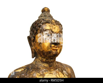 Angesichts der Buddha Statue mit gold Platte auf einem weißen Hintergrund. Stockfoto