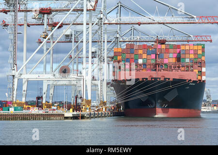 Das 400 Meter lange, ultragroße Containerschiff BARZAN, lädt und entlädt im Southampton Container Terminal, Hampshire, Großbritannien. Stockfoto