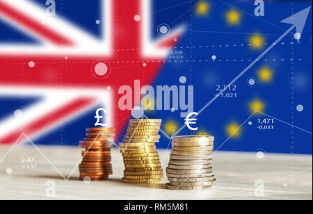Abstrakte Brexit Inhalt Charts von Graphen mit Münzen, der Währung, dem Vereinigten Königreich und der Europäischen Union Flaggen im Hintergrund Stockfoto