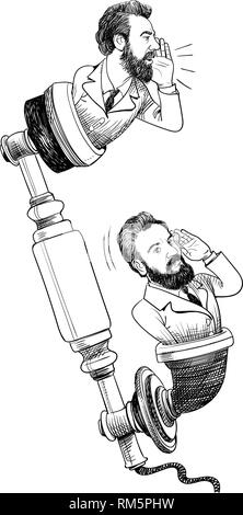 Alexander Graham Bell Karikatur in Line Art Illustration. Er Sprechen und Hören auf dem antiken Telefon Empfänger. Stock Vektor