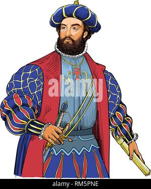 Vasco da Gama portrait in Line Art. War er Portugiesische Entdecker und der erste Europäer, der Indien durch Meer runden das Kap der Guten Hoffnung im Jahre 1498 erreicht. Stock Vektor