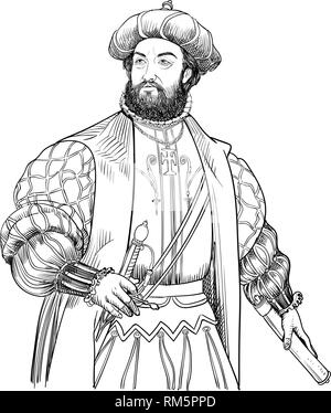 Vasco da Gama portrait in Line Art. War er Portugiesische Entdecker und der erste Europäer, der Indien durch Meer runden das Kap der Guten Hoffnung im Jahre 1498 erreicht. Stock Vektor