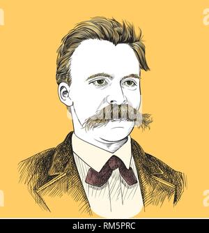 Friedrich Nietzsche Portrait im Einklang Art Illustration. Er war deutscher Philosoph, Philologe, Dichter, Komponist und klassischer Philologe. Bearbeitbare Layer. Stock Vektor
