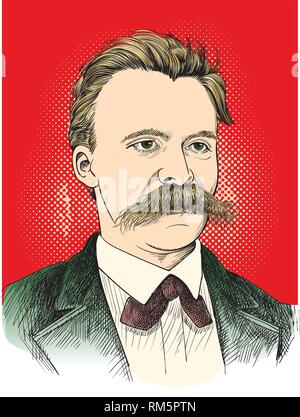 Friedrich Nietzsche Portrait im Einklang Art Illustration. Er war deutscher Philosoph, Philologe, Dichter, Komponist und klassischer Philologe. Bearbeitbare Layer. Stock Vektor