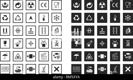 Sammlungen von grundlegenden Hinweisschilder für die Etikettierung von Kartons. Logistik Symbole für Produkte, Etiketten, Container. Piktogramm im flachen Stil. Stock Vektor
