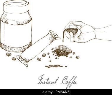Abbildung: Handgezeichnete Skizze einer Hand, die Shot Glas mit Instant Kaffee oder Tee Pulver isoliert auf weißem Hintergrund. Stock Vektor