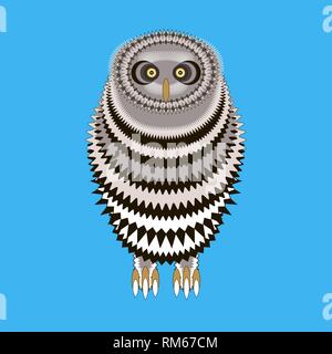 Cute dekorative cartoon Eule isoliert. Gemusterte Eule auf einem blauen Hintergrund. Konzept für die Gestaltung von T-Shirts, Tasche, Tattoo, Drucken, Postkarte, Poster, invitat Stock Vektor