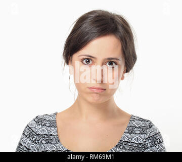 Porträt der traurige junge Frau an Kameramann suchen Stockfoto