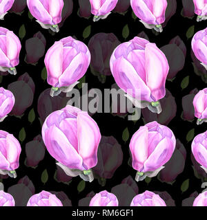 Aquarell nahtlose Muster mit Abbildung: zartes Rosa Magnolia Flower auf schwarzem Hintergrund Stockfoto