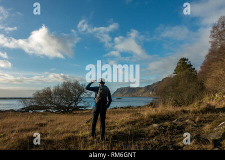 Person, Blick auf das Meer für einen White-tailed Sea Eagle, Vogelbeobachtung, Carsaig auf der Isle of Mull, Schottland