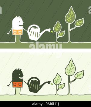 Farbige Cartoon-Vektor hand gezeichnete Figuren - Bewässerung Gärtner Stock Vektor