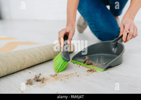 Teilweise mit Blick auf die Frau in Jeans Reinigung mit Bürste und Schaufel Stockfoto